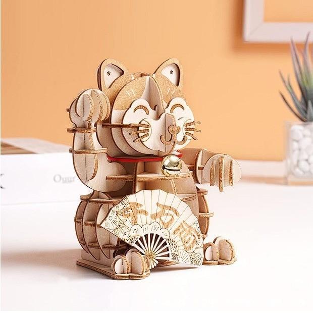 Wooden Lucky Cat 3d Puzzle Model For New Year Decor And Gift For Kids And Adults