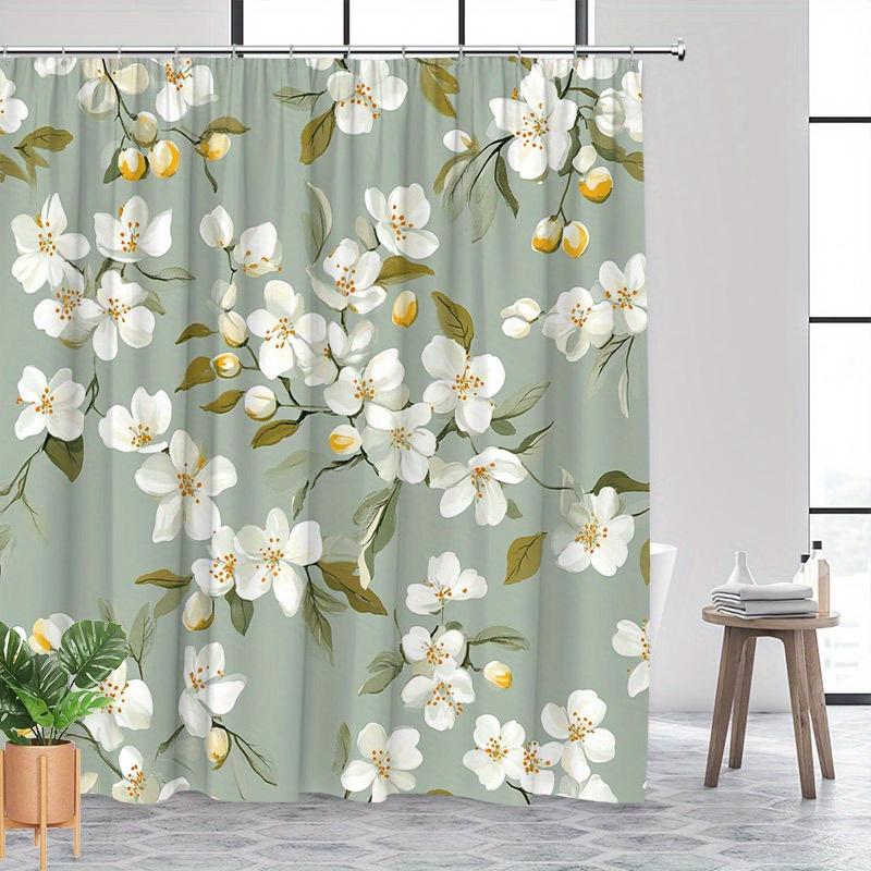 1pc Sage Green Floral Patterned Shower Curtain, Polyester Fabric, Machine Washable, with Hooks, Suitable for Bathroom Décor.