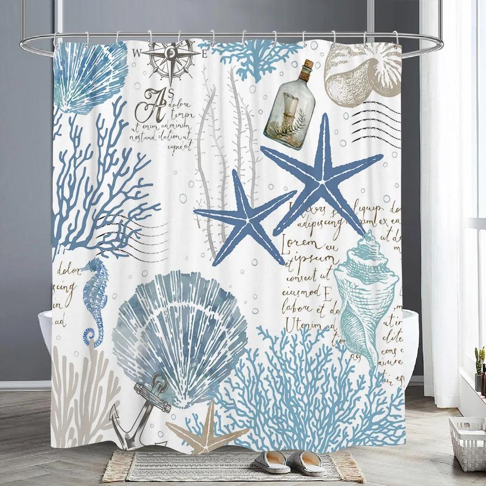 Nautical Starfish Seashell Coral Shower Curtain Ocean Themed Shower Curtains for Bathroom Polyester Fabric Coastal Bath Curtains