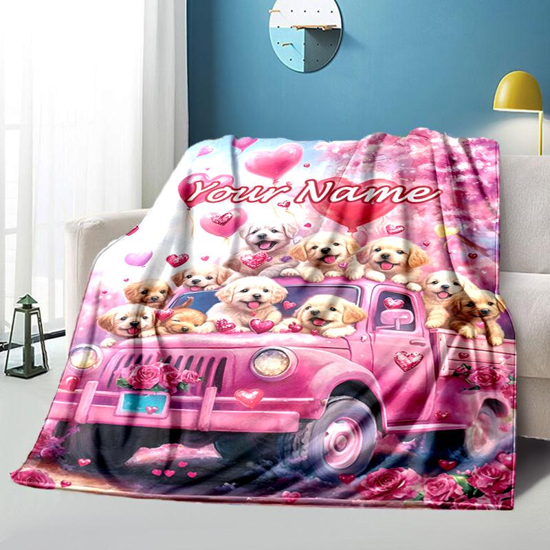 1PC Custom Name Pink Truck Puppies Love flannel blanket versatile,all-season throw suitable for the living room,bedroom,camping,travel,and gift