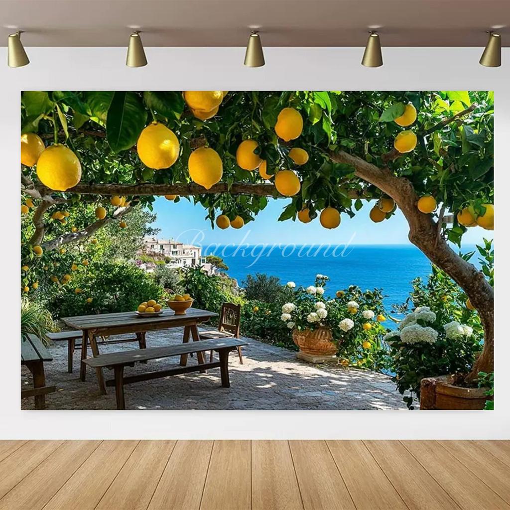 Banner Background with Lemon Tree Harvest Theme and Mediterranean Landscape Garden, Anniversary Room Decoration, Photo Backdrop