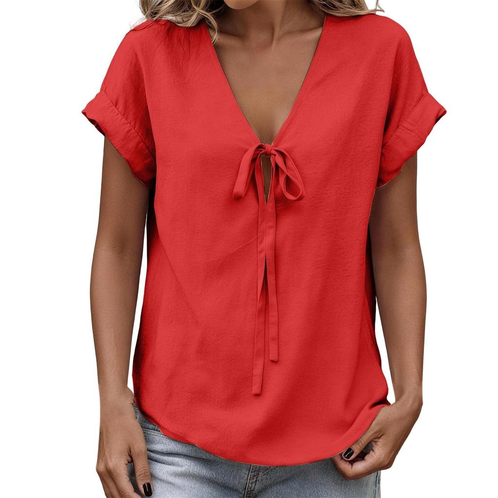 Women's Fashion Casual -Colour V-Neck Tie-Front Short-Sleeved T-Shirt Top