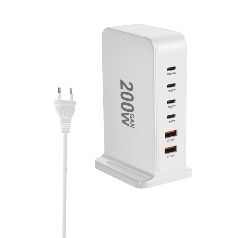 

USB C Charger 200W Fast Charger Block 6 Port Charging Station Brick Laptop Charger 2 USB+4 Type C for Travel Home білий