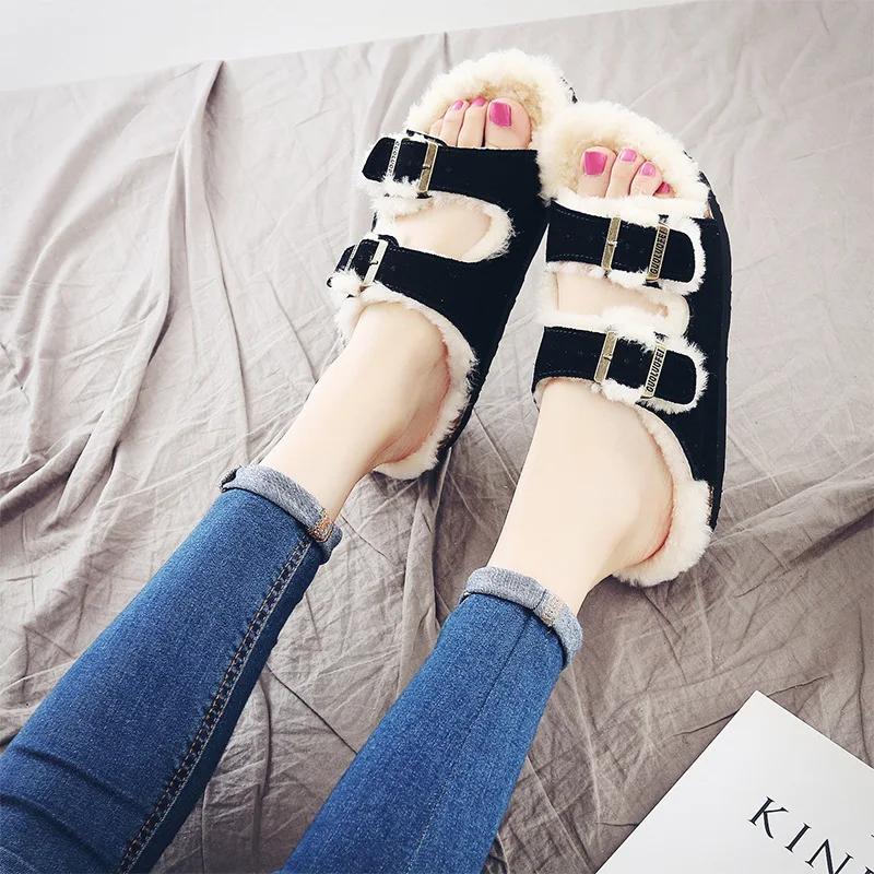 Fashion Women's Shoes Autumn Winter New Woolen Cork Women's Slippers Men's Women's Wool Half Slippers Plus Plush Cork Slippers Outside