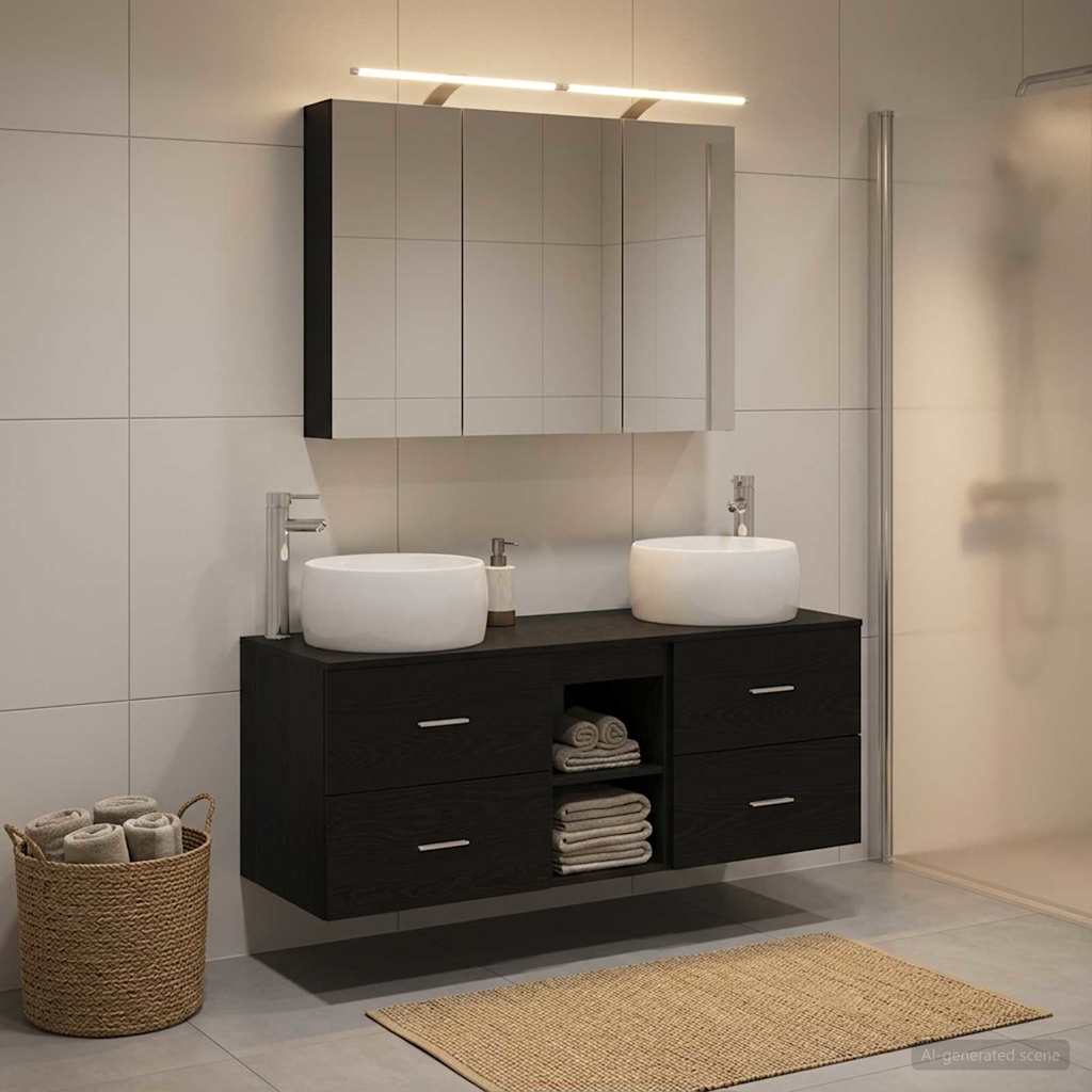 Bathroom Furniture Set 4 Pcs Black Oak Engineered Wood & Glass