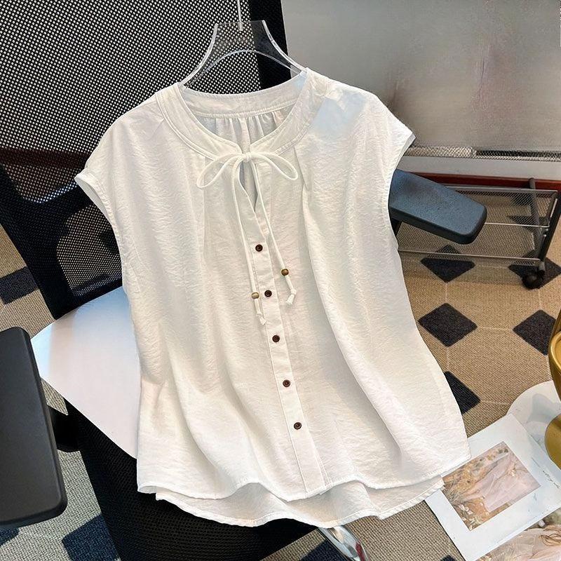 

Lace Up Round Neck Women s Shirt French Solid Color Single Breasted Famale Sleeveless Shirts Summer Casual Fashionable Ladies Front Open Top S белый