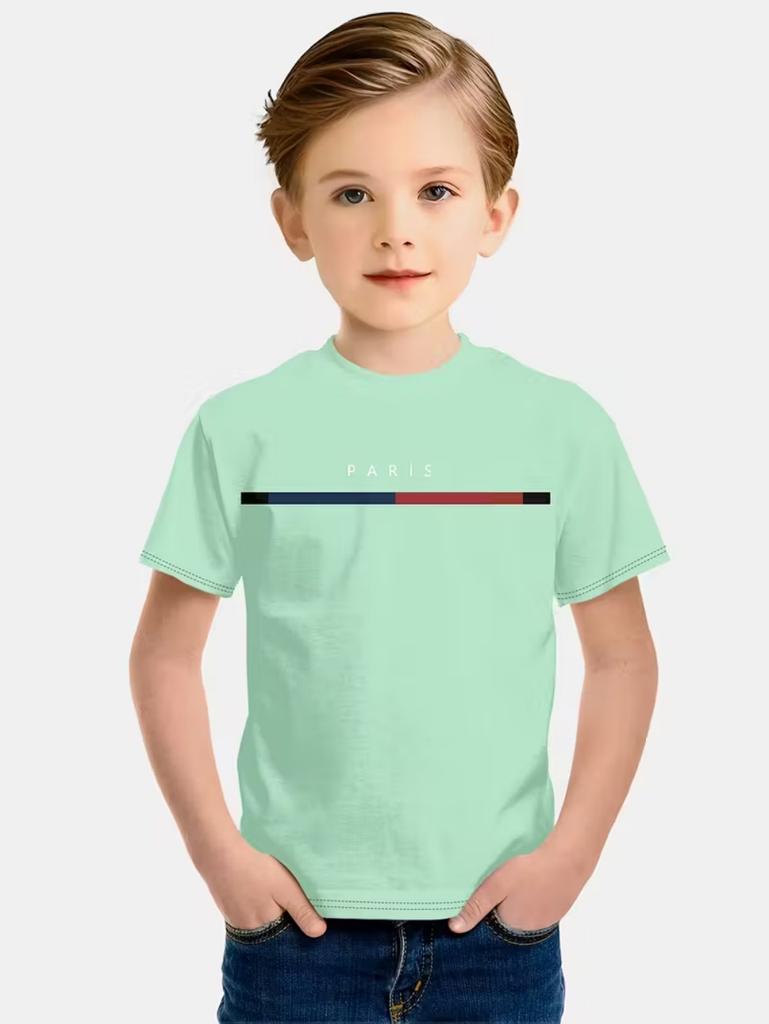 T-shirt da ragazzo Semplice Stampa Lettere Parigi Estiva Manica Corta Magliette Ampie Moda Girocollo Righe Streetwear Abbigliamento Bambini