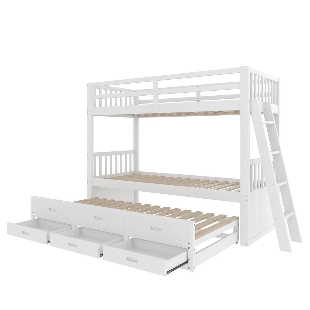 =(WX000121AAK)Etagenbett 90x200cm, Hausbett, Rahmen aus Kiefernholz und MDF mit Leiter und Ausziehbett und 3 Schubladen, Ohne Matratze, Weiß