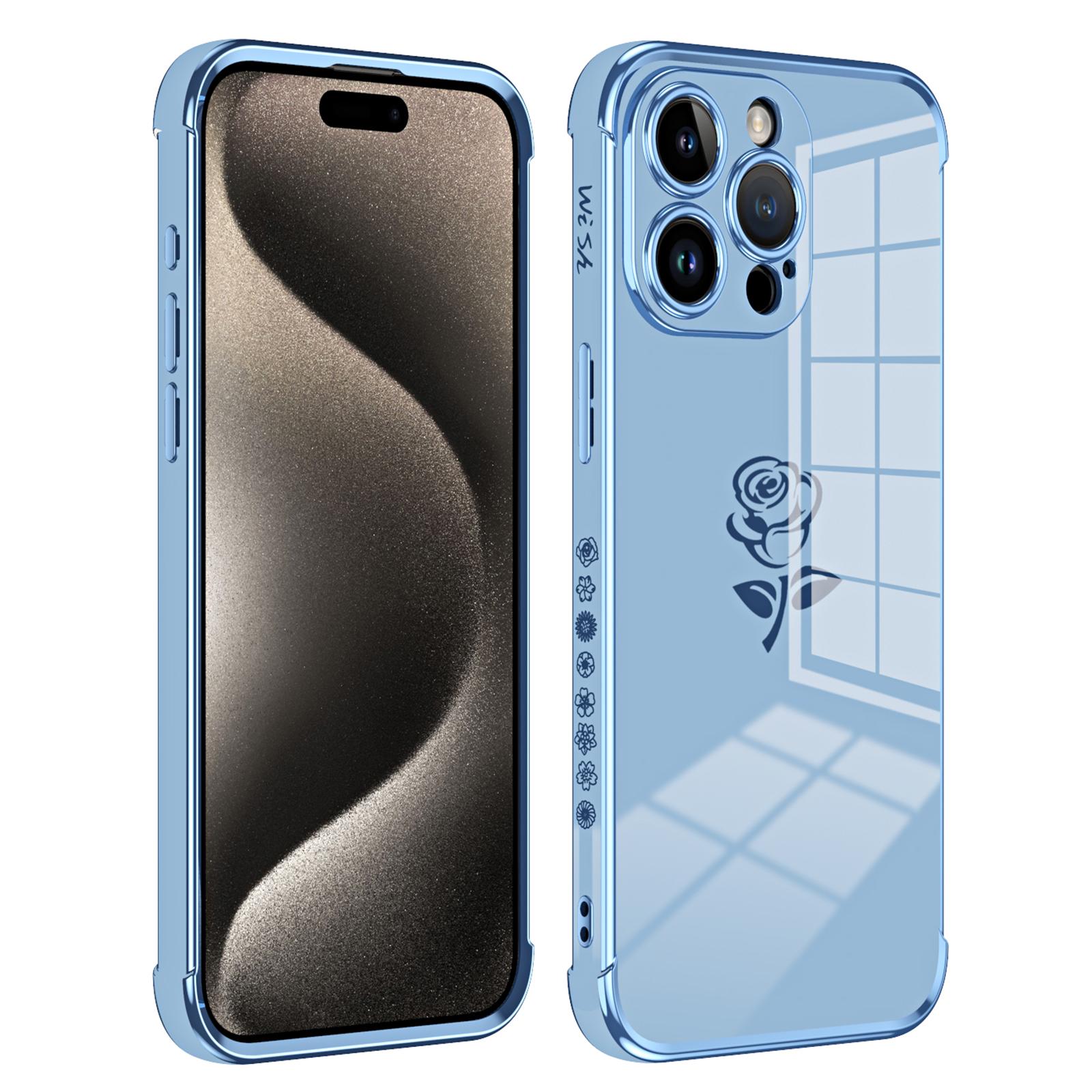 

For iPhone 15 Pro Max Case Electroplating Edge Rose Pattern TPU Phone Back Cover Airbag Drop Proof Blue