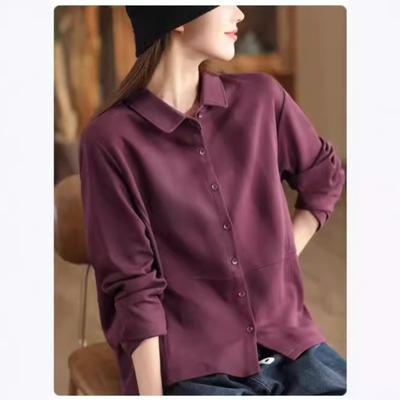 Kadın Sonbahar Modası Ekleme Uzun Kollu Gömlek Kore Düz Renk Tek Göğüslü Gevşek Vintage Gömlek