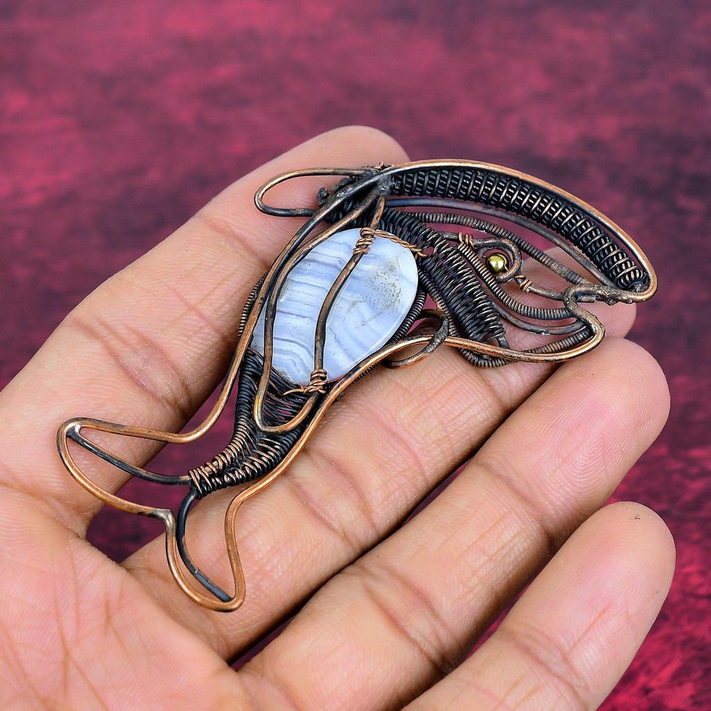 Blue Lace Agate Gemstone Pendant Handmade Fish Pendant Copper Wire Wrap Jewelry