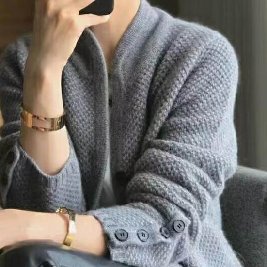 Lady Winter Coat Knitted Thickened Single-breasted Solid Color Pockets Stand Collar Warm Button Decor Cardigan Daily Wear Outdoor Sweater Jacket