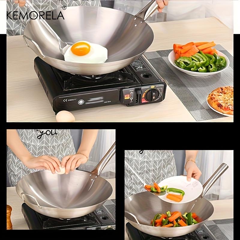 1 Stück Edelstahl-Wok Unbeschichtet 26/28/30/32/34cm Hohe Qualität Doppelgriff Kochpfanne Geeignet für Zuhause Rindfleisch Gebraten Kochen