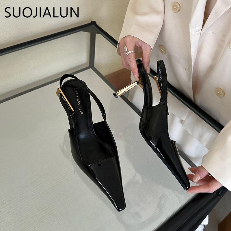 Fashion SUOJIALUN 2024 Spring New Band Women Pumps Shoes Fashion Shallow Slip On Slingback Sandals Thin High Heel Dress Sexy Pumps Shoes