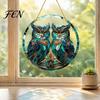 Acrylic Owl Suncatcher Double Window Hanging Ornament, Stained Glass Style Circular Wall Transparent Decorative Pendant Decor, Green Art for