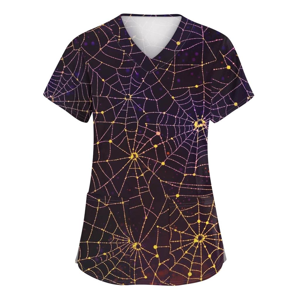 Women's Fashion V-neck Short-sleeved Work Uniform With Pockets, Halloween Print Top