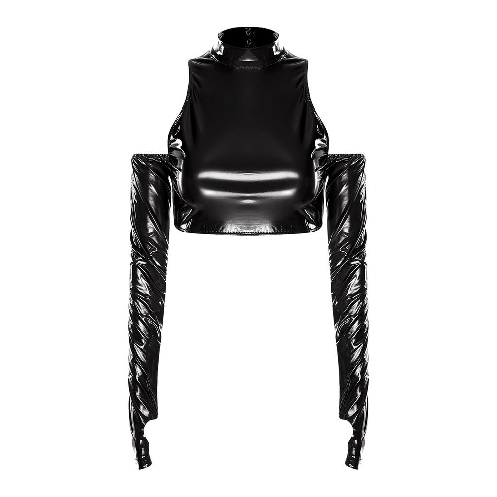 Damen Glänzendes PU Cropped Top Cold Shoulder Langarm Ausgeschnitten Rollkragen Pullover