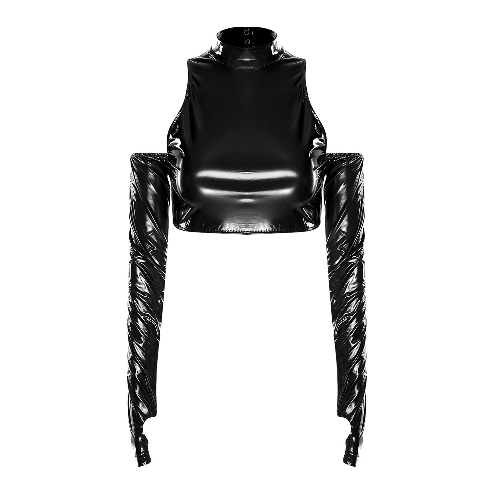 

Womens Shiny Cropped Top Cold Shoulder Long Sleeve Clubwear Pullover Top S