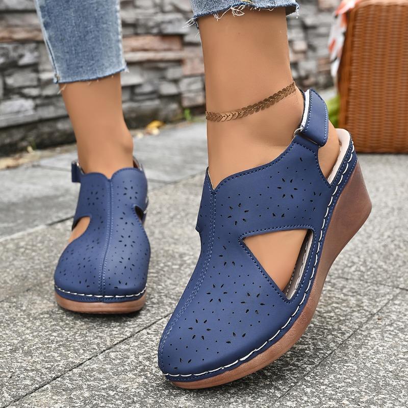 Damen Hollow Out Peep-Toe Sandalen - Verstellbarer Riemen Plateau Wedge mit Klettverschluss, Modische Freizeit-Sandalen