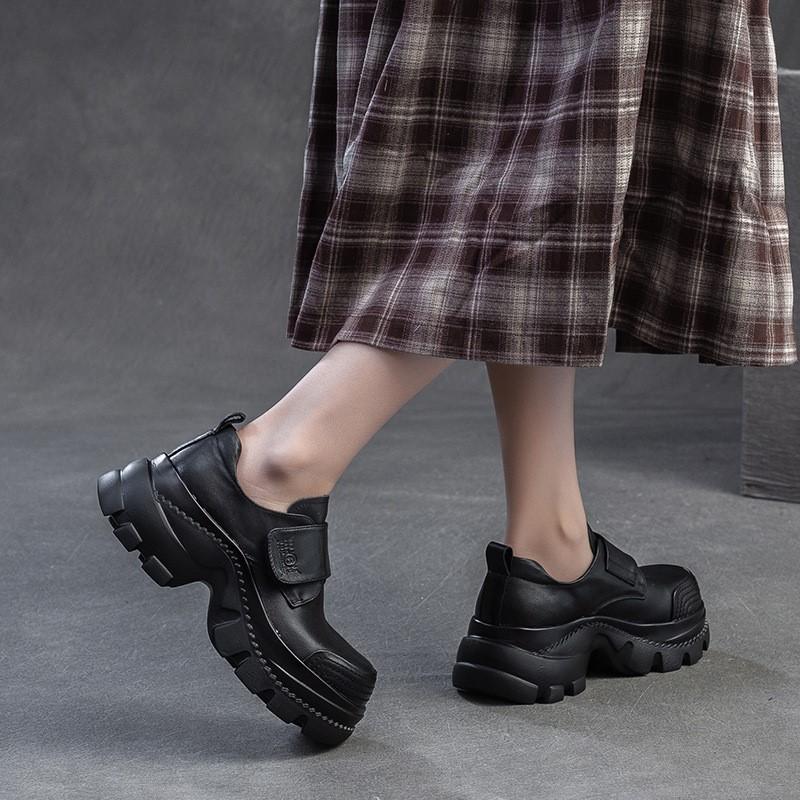 Johnature Chaussures Rétro à Bout Rond et Semelles Épaisses en Cuir Véritable Décontractées à Crochets et Boucles Chaussures à Plateforme pour Femmes