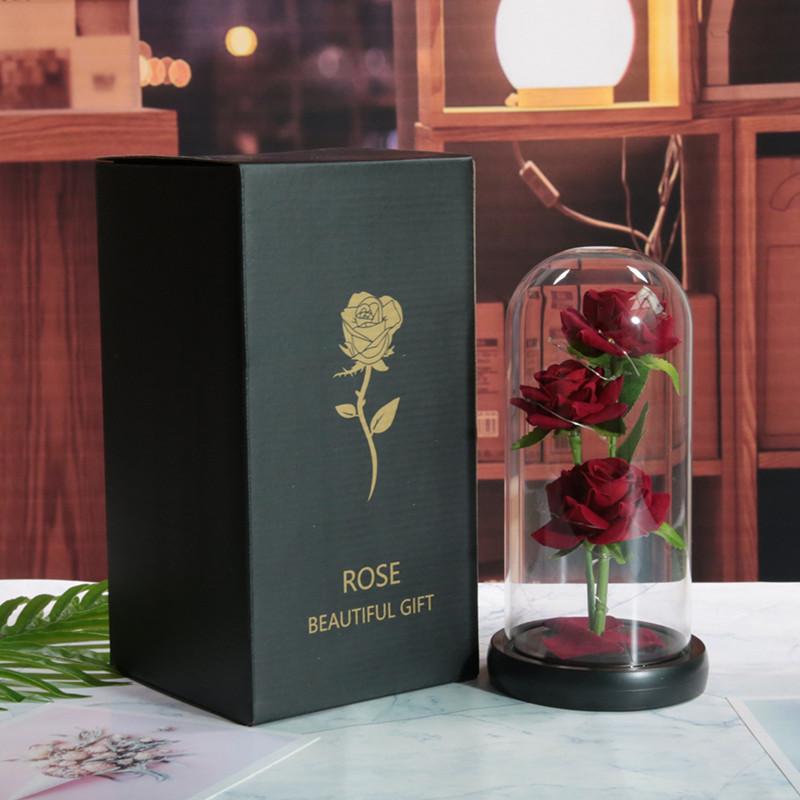Three simulated immortal flowers, glass cover ornament, LED night light, rose, creative Valentine's Day gift.