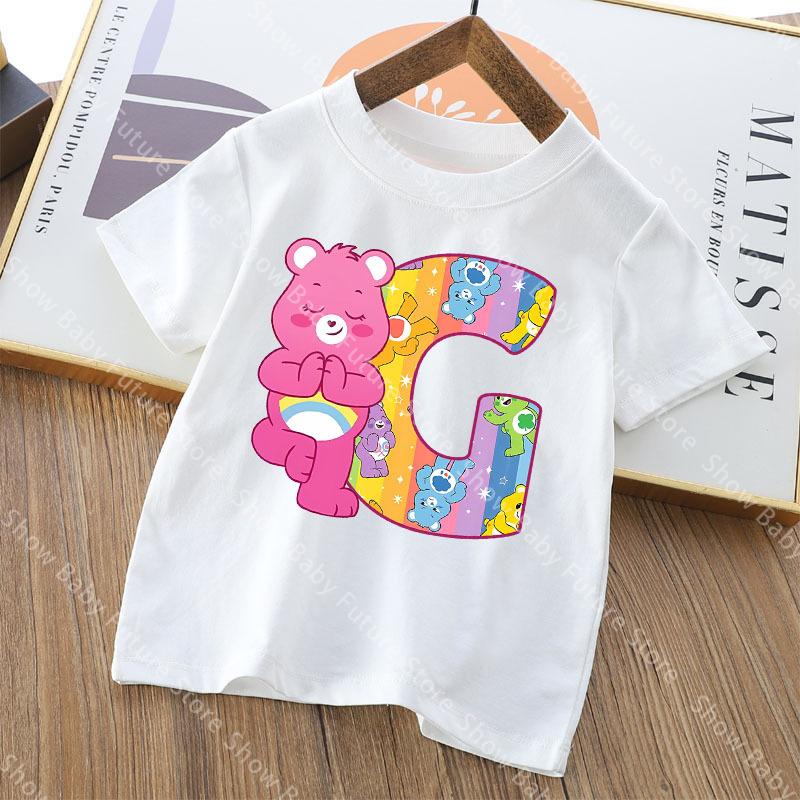 Care Bears Letter AZ T Shirt for Boys Girls Cartoon Name Clothes Tops Summer Breathable Cute Anime Short Sleeve Birthday Gifts