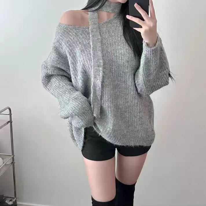 Autumn and Winter Solid Color V-neck Sweater with Scarf for Women Long Sleeved Knitted Sweater Top