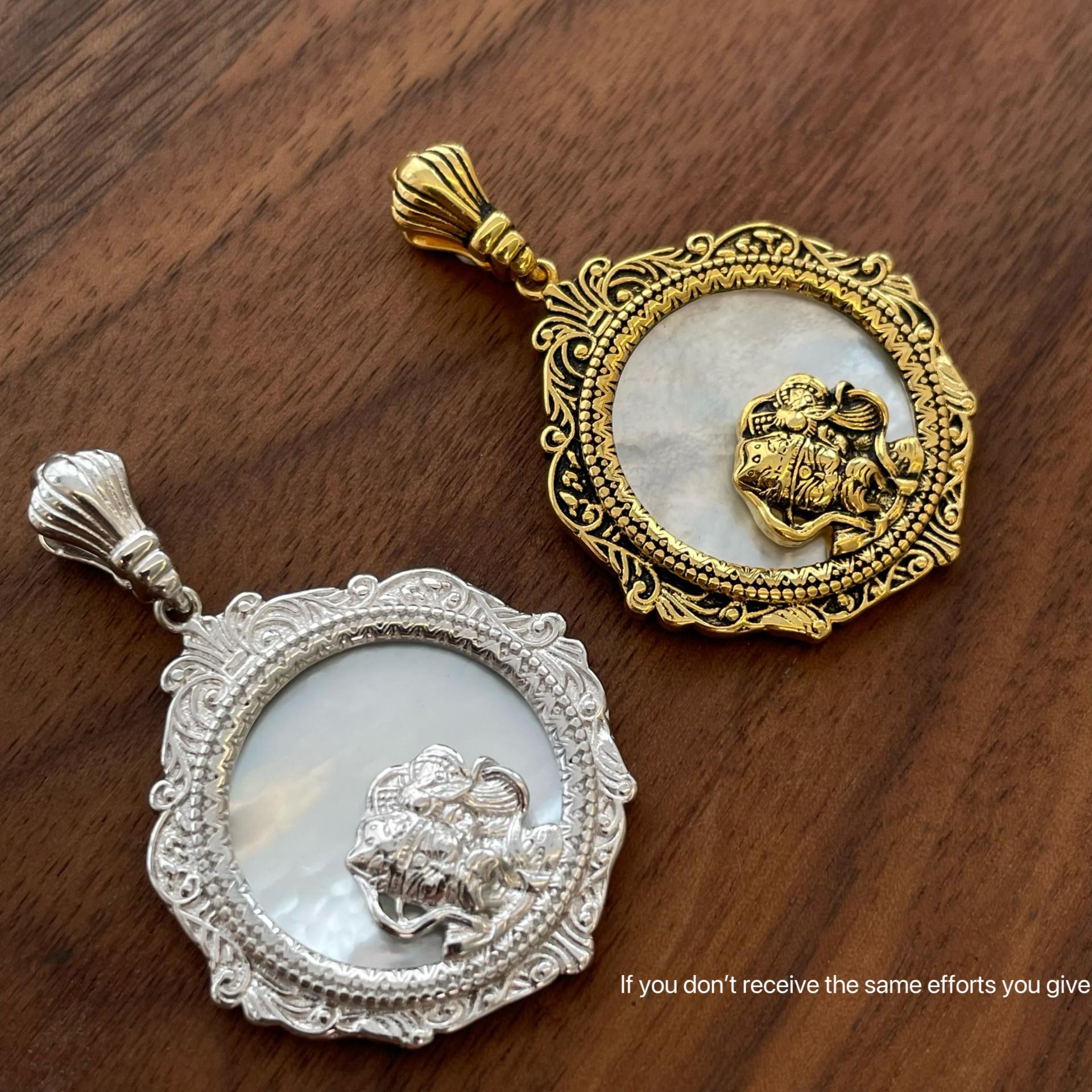 

S925 Sterling Silver Arabesque Dakini White Mother-of-Pearl Vintage Pendant Necklace for Men and Women.