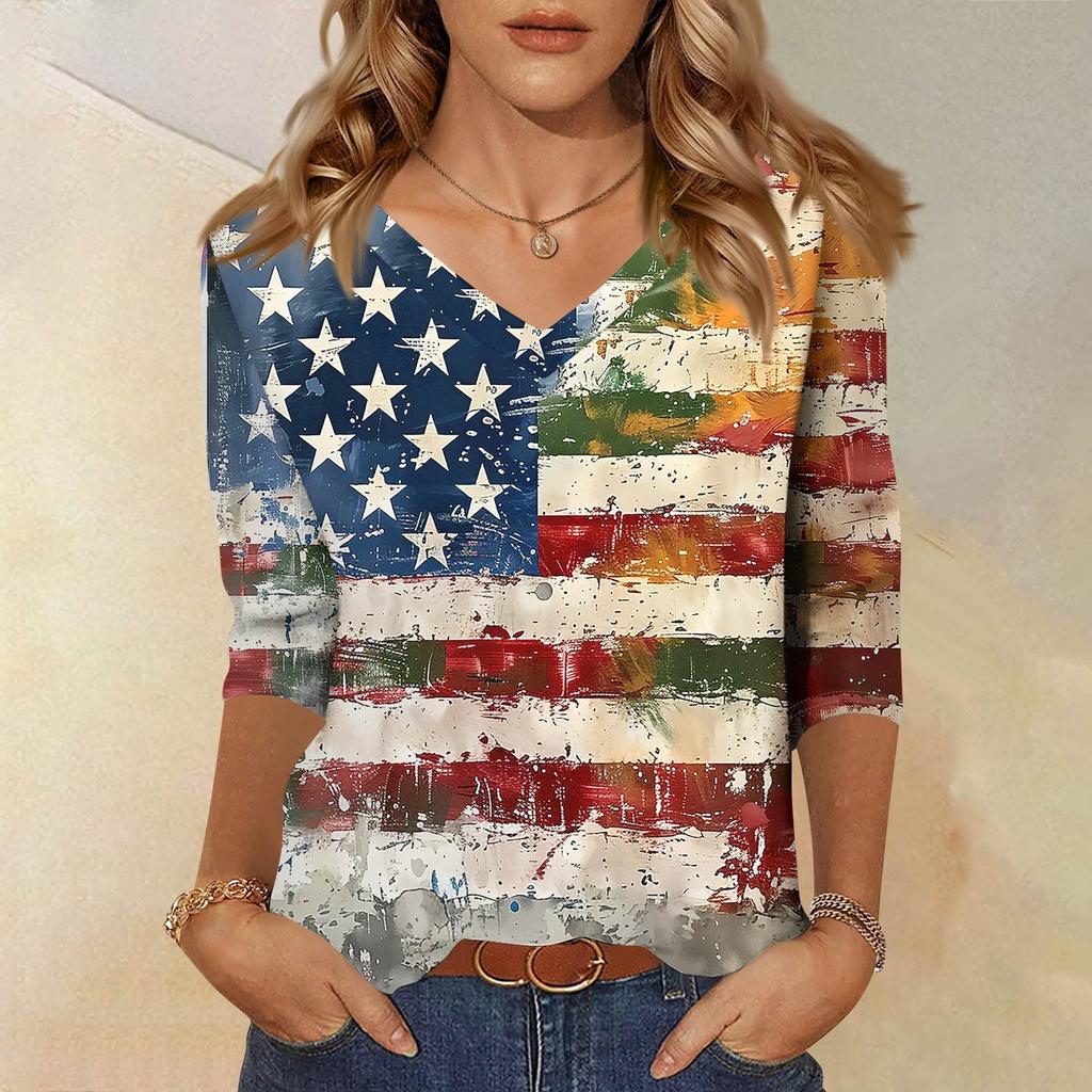 Women's Tops Three-quarter Sleeve Shirt V-neck Loose Casual Shirt Print T-shirt