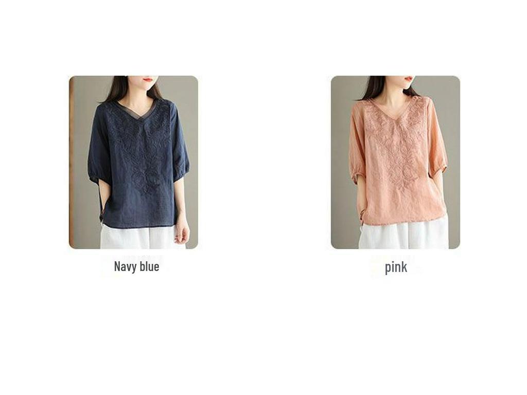 Women's 2023 Summer V-Neck Embroidered Cotton Linen Mid-Sleeve Shirt