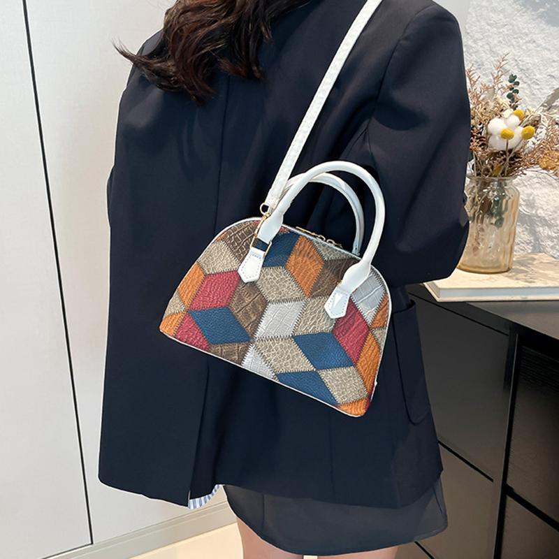 New Women Shell Crossbody Bag Contrast Color PU Leather Shoulder Bag Large Capacity for Shopping Small Handbags