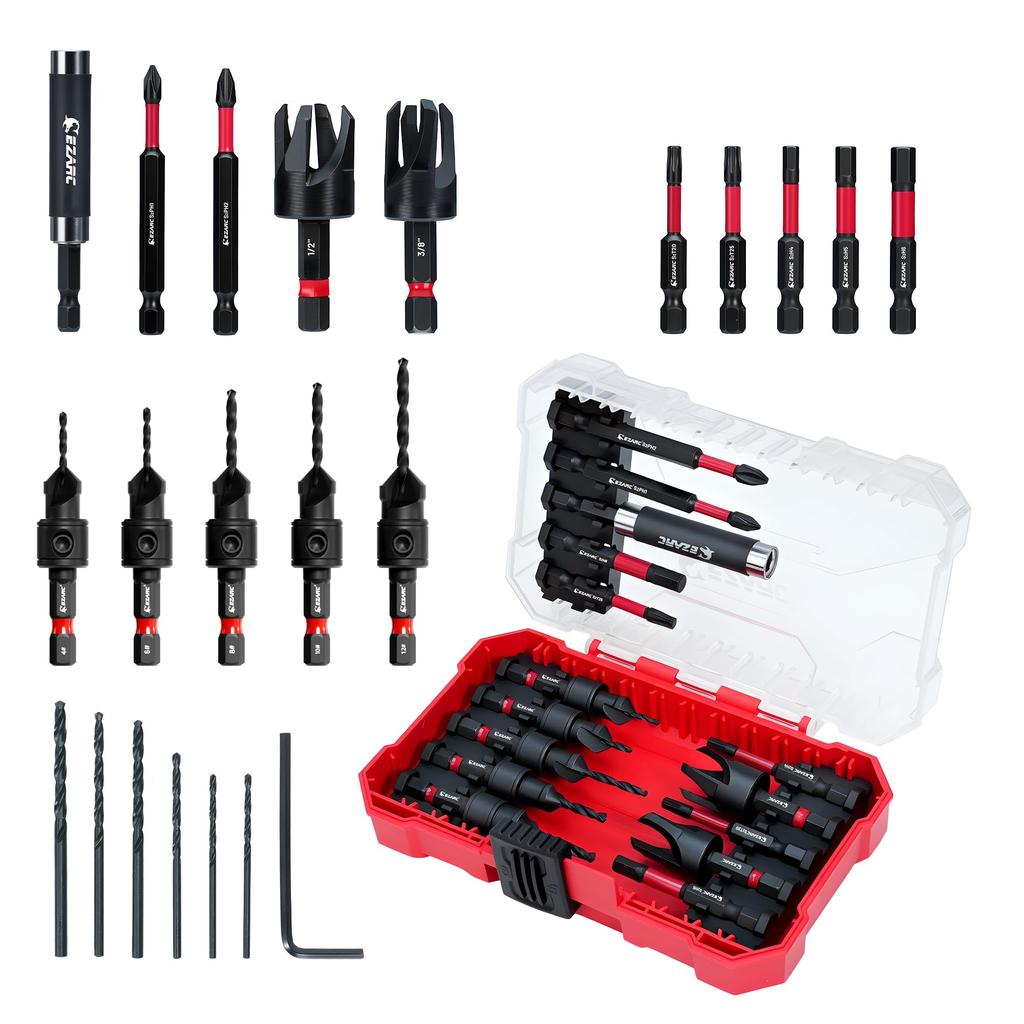 EZARC New Edition Countersink Drill Set 11 Drill Wrench and Driver Woodworking Drill Storage Box Included (22 Pieces), Bits, Set, Bits, High-Speed