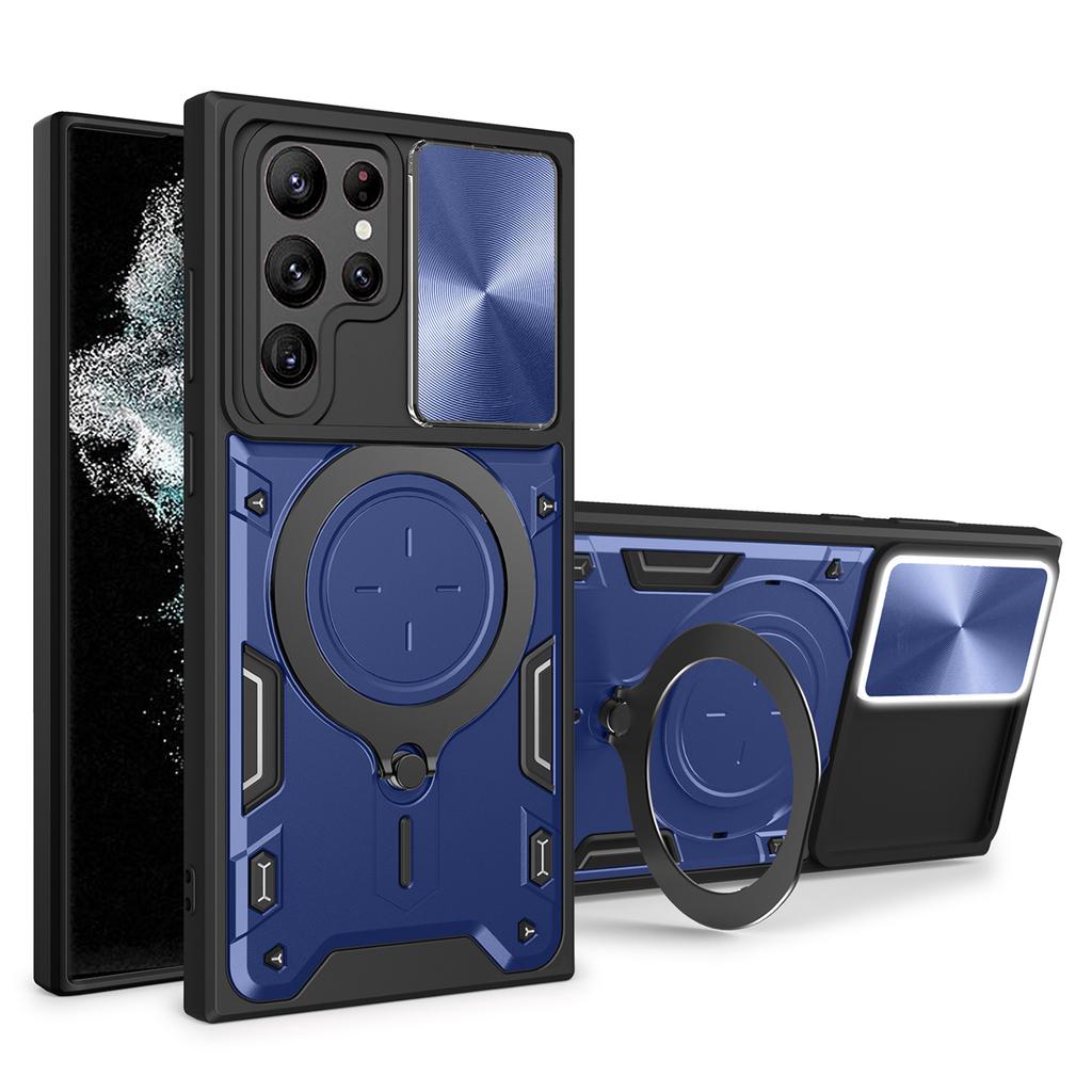 For Samsung Galaxy S22 Ultra 5G Rotatable Kickstand Phone Case Shockproof PC+TPU Cover with Slide Camera Lid