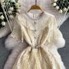 Elegant Pearl Chain Diamon Luxury Embroidery Lace Prom Evening Dresses Women Summer Short Sleeve Hollow Out Midi Long Dress