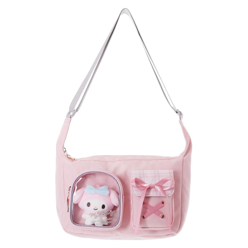 Sanrio Characters Round Shoulder Polyester 2 Stuffed H X 25cm W X 9cm D Bag, Check, Pockets, Animals, 17.5cm (My Melody)
