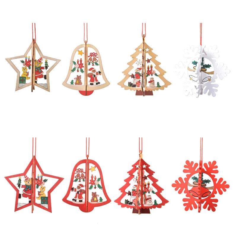 Wooden Christmas Tree Ornaments Hollow 3D Snowflake Bell Star Hanging Pendants For Home Xmas Holiday Party Decor Supplies