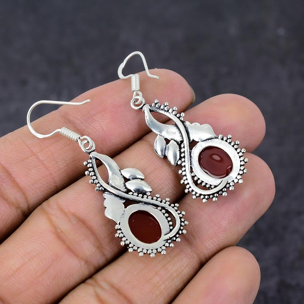 Natural Carnelian Gemstone Handmade 925 Sterling Silver Jewelry Earring 2" C1w65