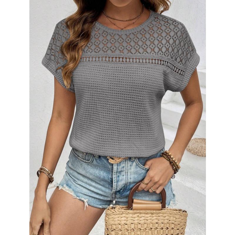 Fashion Round Neck Summer Lace Blouses New Short Sleeve Hollow Out Loose Shirts Women Elegant Breathable Vintage Women Casual Solid Ladies Tops 3493