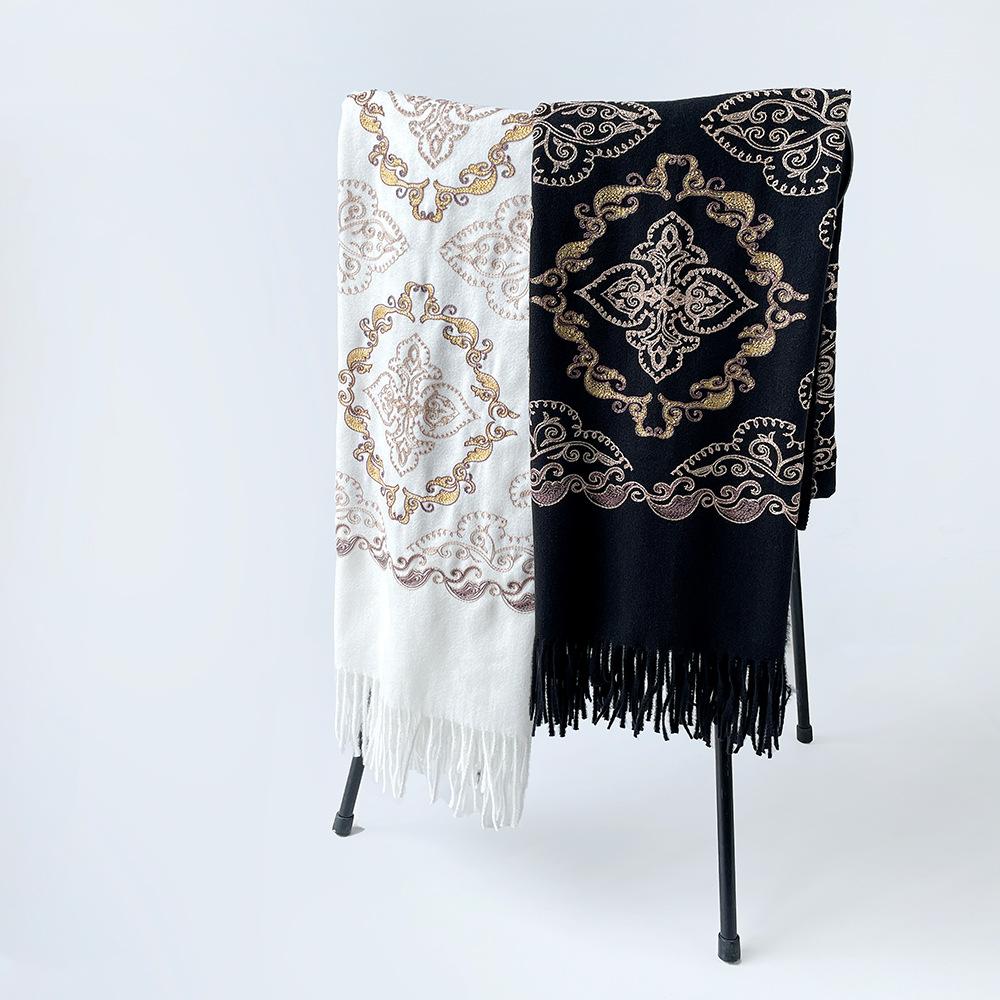 Autumn and Winter New High-grade Imitation Cashmere Scarf Women's Scarf Neck Warm Scarf Dual-purpose Embroidery Decorative Fringed Shawl