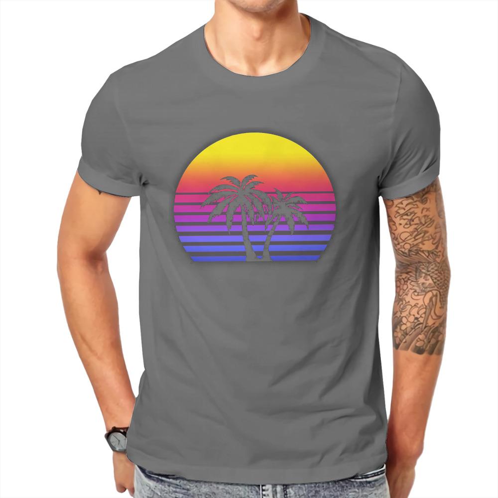 Beach Summer Sea Tshirt For Unisex Synthwave Sun Palm Trees Essential Soft Leisure Tee T Shirt High Quality Trendy Fluffy