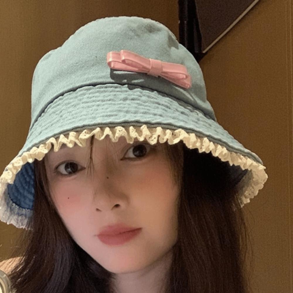 Y2K Denim Bucket Hat Big Brimmed Bow Sunscreen Hat Fashion Lace Fisherman Hat  Climbing