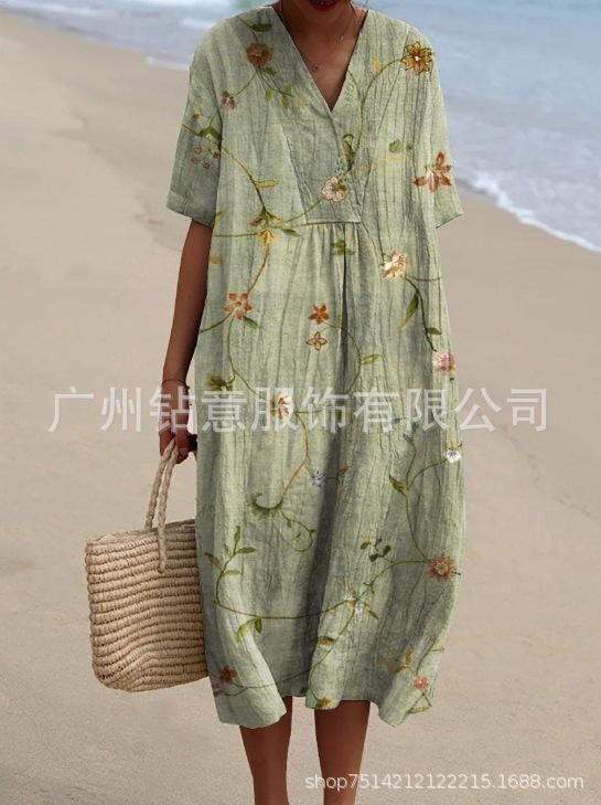 New Loose Casual Comfortable V-neck Digital Printing Pleated Large Version Dress