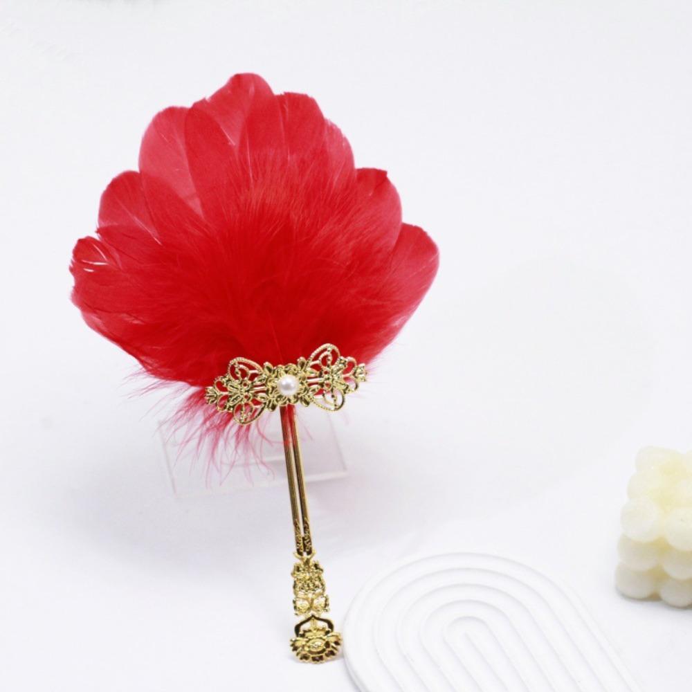 

Gold Handle Feather Hand Fan Colorful Handheld Fan Handmade Craft Chinese Style Fan Wedding Party красный