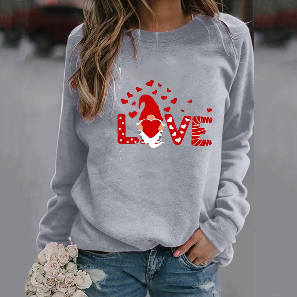 Fashion Womens Loose Valentine's Day Print Round Neck Long Sleeve Sweater Top