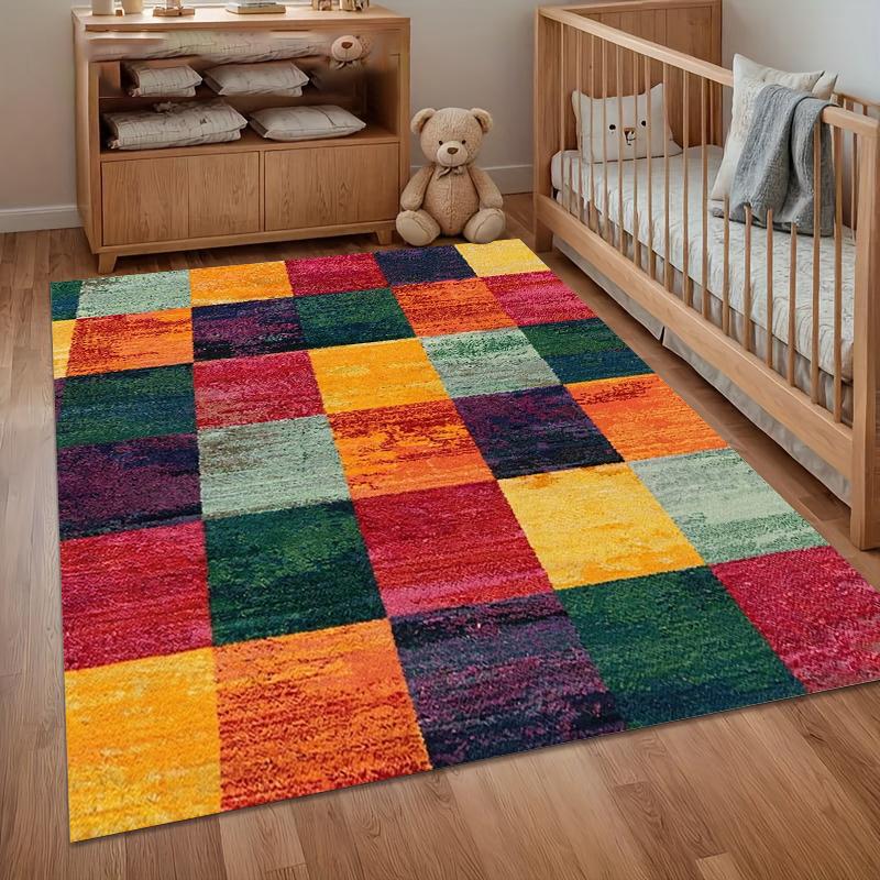 Bold Geometric Patchwork Area Rug with Bright Multicolor Squares Non Slip Floor Carpet for Nursery Bedroom Living Room