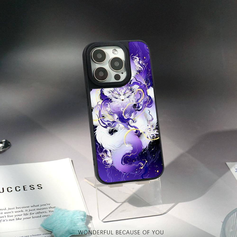

Nine-tailed fox art fashion design Phone Case for iPhone 17 16 e 15 14 13 12 Pro Max Sheepskin Silver-edged protective case iPhone 15 Pro