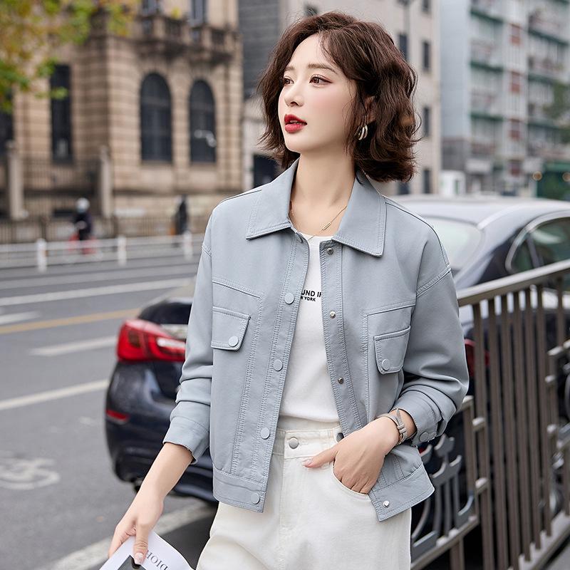 

Women s Trendy Short PU Leather Jacket - Spring/Autumn 2025 Collection with Lapel Design (ZH1172) XL (120-130 jin) синій