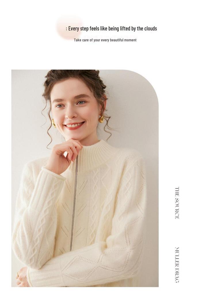 Women's Cashmere Zipper Stand Collar Cardigan - Thick, Loose, Slimming Knit Sweater Coat for Autumn & Winter