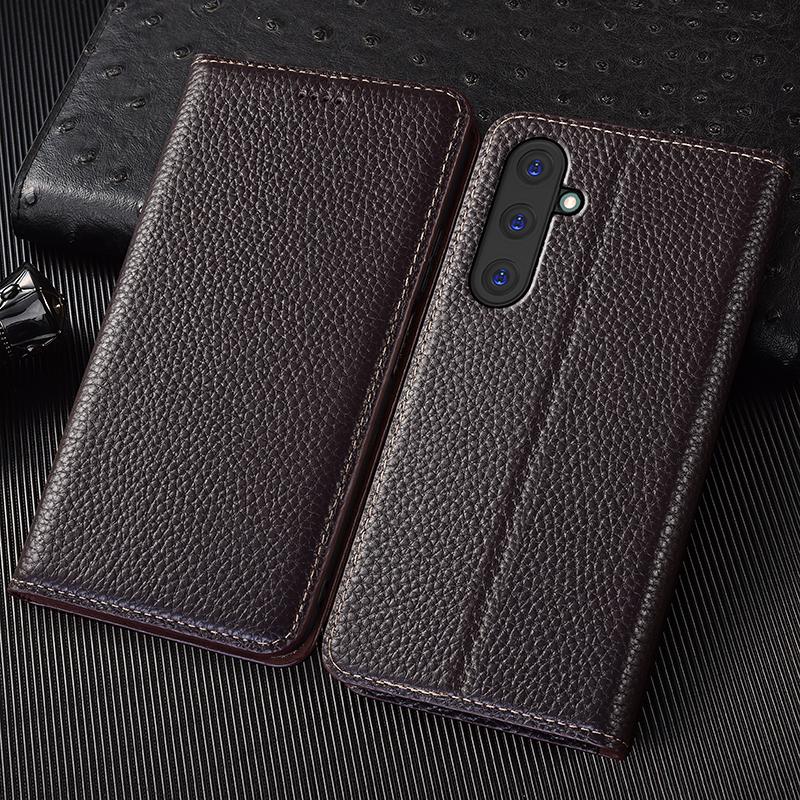 Étui Portefeuille à Rabat en Cuir Véritable Litchi Pour Samsung Galaxy A02 A12 A22 A32 A42 A52 A72 4G 5G Coques Portefeuille
