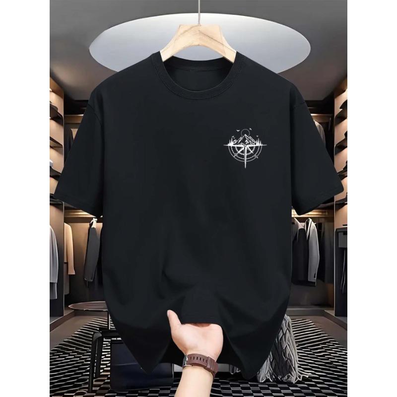Summer Men's 100% Cotton Mountain Compass Graphic Printed Casual Loose Sports Comfortable Round Neck Short Sleeve T-shirt Top
